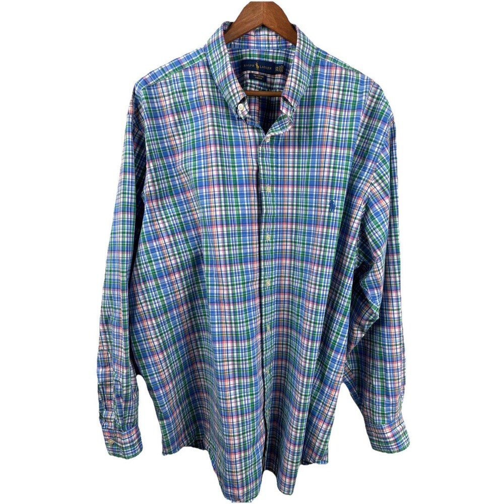 Ralph Lauren Button Up Long Sleeve Shirt Mens 2XB Big Preppy Blue Plaid Stretch - Picture 2 of 8